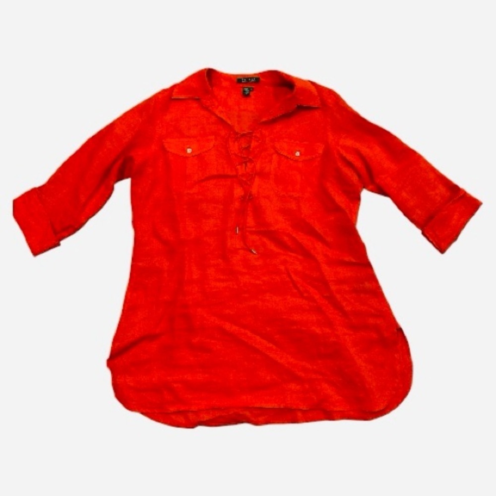 Lauren Ralph Lauren Red Orange 100% Linen Tie Front Tunic Top Coastal Size L